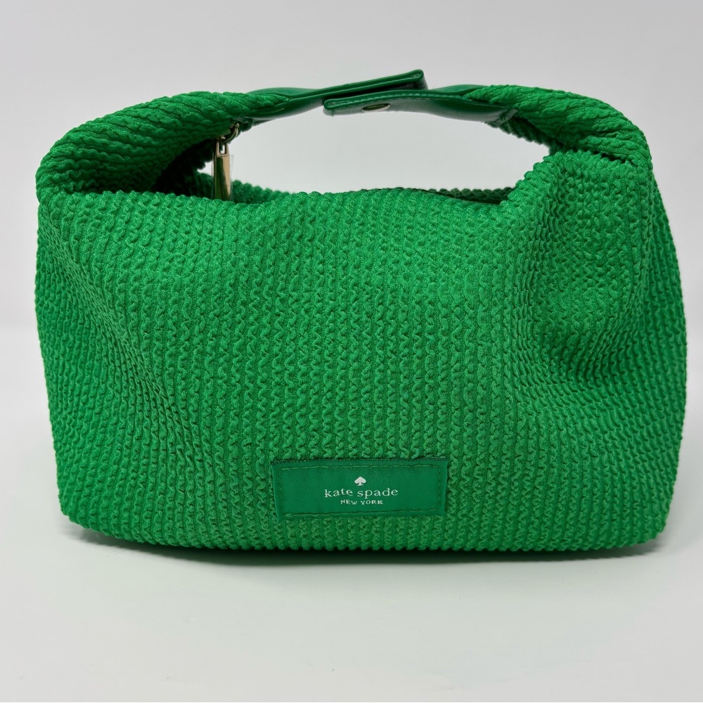 Kate Spade Cosmetics Makeup Travel Bag Green with Gold Zipper Pull & Snap Handle